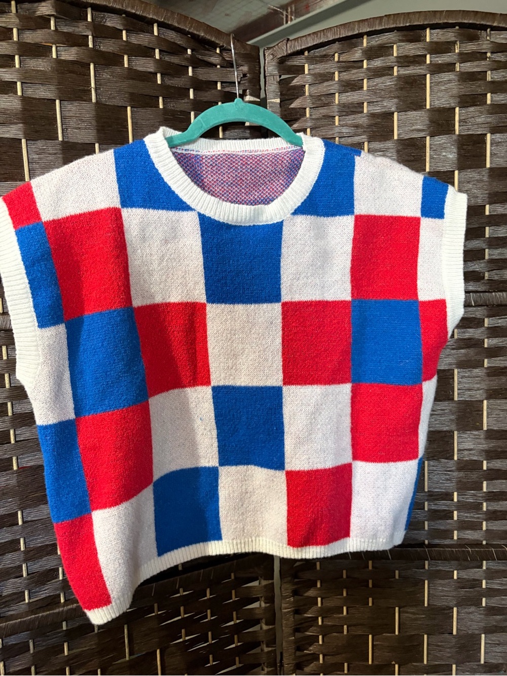 Checkerboard Knit Sweater Vest in Red, Blue & white